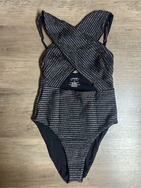 JMP the Label Metallic Black & Silver Crisscross One-Piece Bodysuit